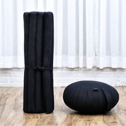 Meditation Cushion Set – 1 Round Zafu Meditation Pillow and 1 Square Roll-Up Zabuton Meditation Mat, Pillows Bundle Filled with Kapok, New 