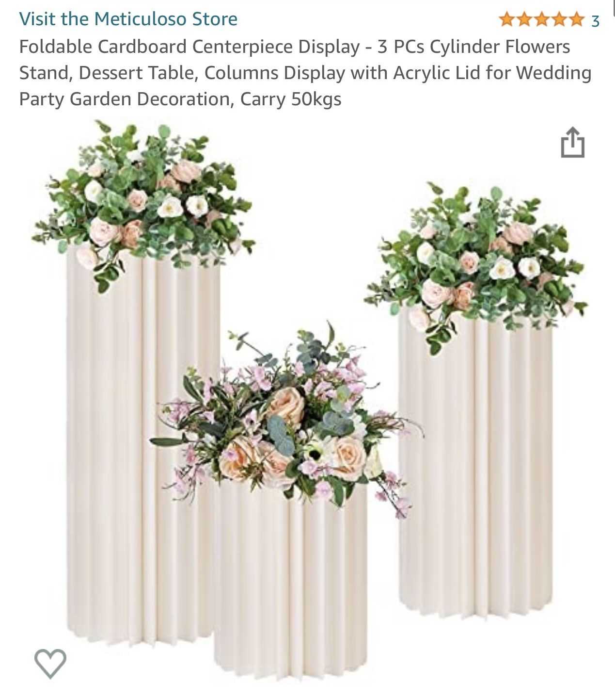 Foldable Cardboard Centerpiece Display - 3 PCs Cylinder Flowers Stand, Dessert Table, Columns Display with Acrylic Lid for Wedding Party Garden Decora