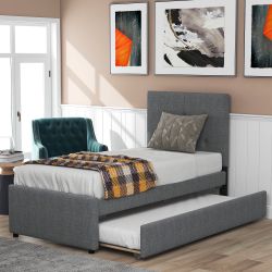 Euroco Twin Size Upholstered Platform Bed with Trundle for Kids, Gray Gray - Twin