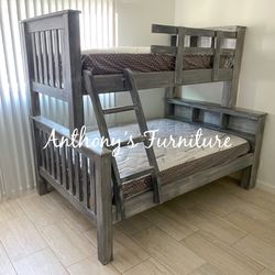 Solid Wood Twin Over Full Bunk Bed With Both Mattresses 