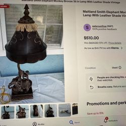 Maitland Smith Elephant Monkey Bronze 36 in Lamp With Leather Shade Vintage