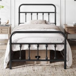 Twin Size Classic Metal Platform Bed Iron Open-Frame Bed with High Headboard and Footboard