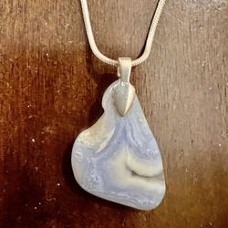 Natural Blue Agate Silver Pendant Necklace 