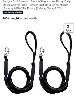 Bungee Dock Lines for Boats – Single Hook Heavy-Duty Elastic Anchor Rope – Secure Boat Dock Lines, Potoon Mooring & PWC Tie Downs (2-Pack, Black, 4 FT