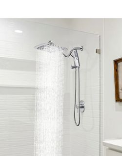 G-Promise Chrome All Metal Dual Square Shower Head Combo | 8" Rain Shower Head | Handheld Shower Wand with Extra Long Flexible Hose | Smooth 3-Way Div
