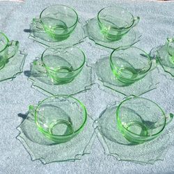 Vintage Green Glass Cups, Saucers, Cream & Sugar Set