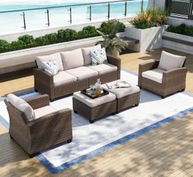 Brown Rattan Wicker 7 Seat 5-Piece Steel Outdoor Patio Conversation Set with Beige Cushions and 2 Ottomans