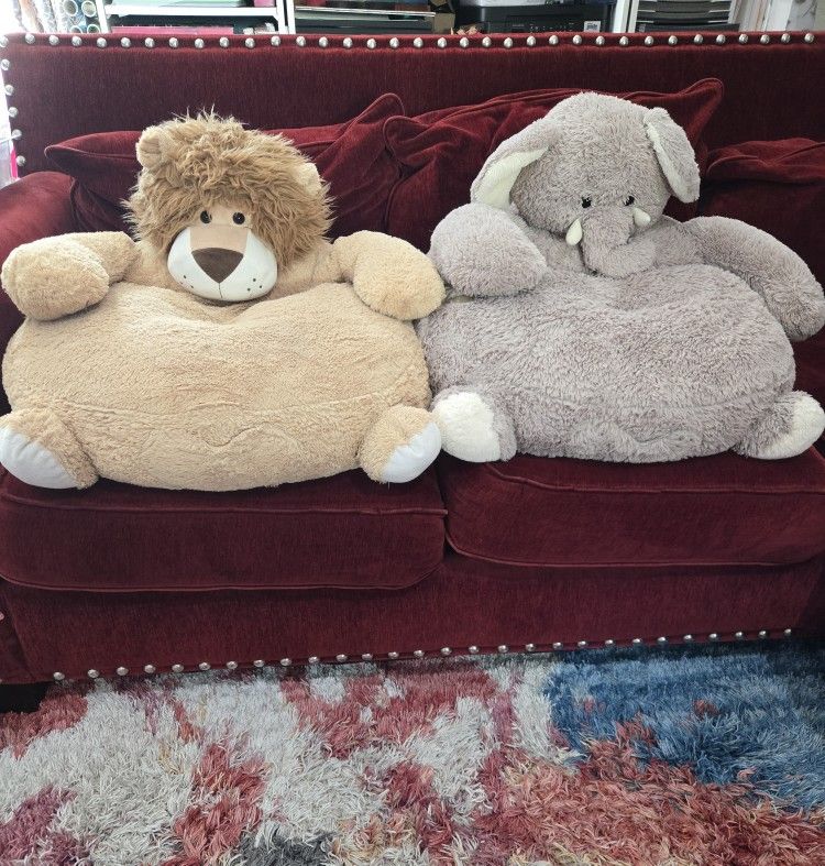 Animal Plush Kids Couches - 2 Hug Fun Comfy Plush Kiddie Lion + Elephant Chairs - 24 X 24" Stuffed Animals Bundle