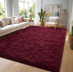 6x9 Ft Burgundy Plush Soft & Fluffy Area Rug with Non-Slip, Washable Shag Shaggy Carpet - Retail $64
