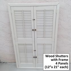 Painted Solid Wood Shutters Mounted on Frame (can be removed) - 4 Panels (12"x 21") Open into Room, Movable Louvers with Center Pull Control Stick