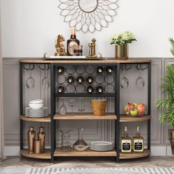 New Wine Rack Table with Plug and LED Light, Floor Bar Cabinet for Liquor and Glasses, Wooden Coffee Bar Cabinet with Adjustable Wine Rack, Freestandi