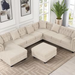 Chesterfield Modular Convertible Sectional U-Shape Polyester Fabric Sofa with Chaise Accent Tufted Couch for Living Room Furniture Set