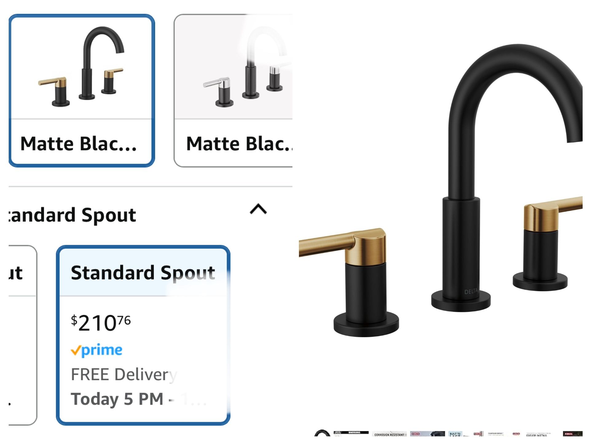Open Box Delta Nicoli Matte Black/ Brushed Gold Faucet 3 Hole, 8 Inch Widespread Bathroom Sink Faucet for Vanity, Push-Pop Drain Assembly, Matte Black