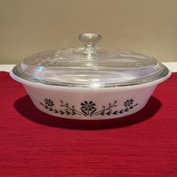 Vintage Glasbake Casserole Dish 1 QT Green Daisy Milk Glass Oval With Lid