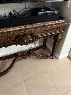 Ornate Wood Console Table with Marble Top