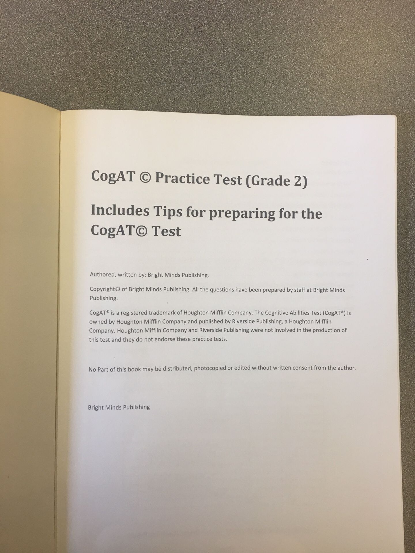 CoGAT Practice Test Grade 2 second grade Like New, Bright Minds Publishing with answer keys