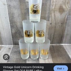 Vintage Gold Unicorn Drinking Glasses Set Of 6 RARE