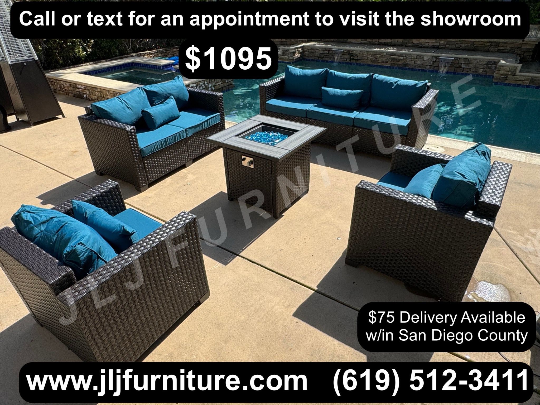 NEW🔥 Outdoor Patio Furniture Set Brown Wicker Peacock Blue Cushions 30" Firepit ASSEMBLED