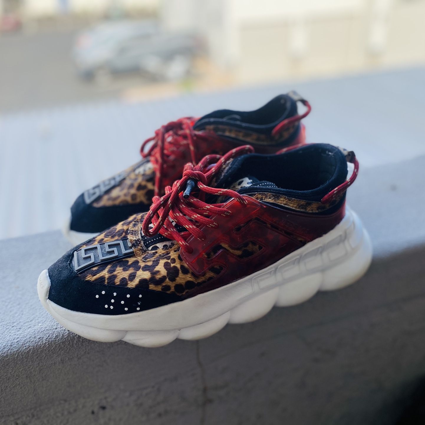 New Versace Chain Reaction Red Wild Leopard Low Chunky Sneaker EU39.5 US6.5