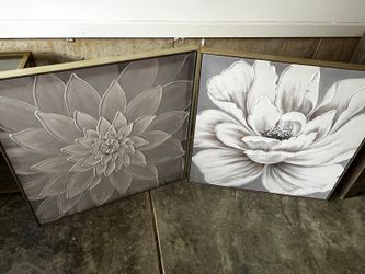 Set of 2 Grey & White Floral Wall Art Framed in silvery Gold Accents. 31.75”W x 31.75”H