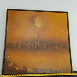 Signed Original Oil Painting Moon Cityscape