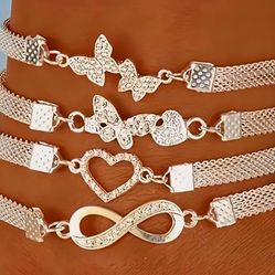 SHINY SILVER 1 SIZE 4PC. ANKLET SET MIX N MATCH RARE FIND