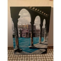 Vintage Painting Venice Italy Canals Gondolas Architecture Artist Donna Parris