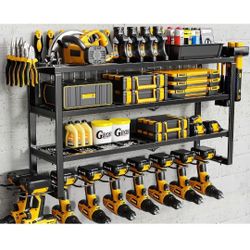 MAXIFFE 4 Layer Power Tool Organizer Wall Mount, 9 Drill Holder Heavy Duty Metal Cordless Tool Organizers and Storage Rack Holder for Garage Workshop 