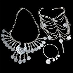 Bohemian Silver Tone Coin Charm Necklace, Bracelet & Anklet Jewelry Set
