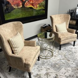 Pair of Wingback Accent Chairs – Neutral Beige Upholstery