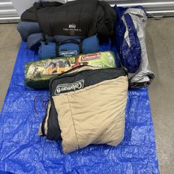 Camping Gear Lot - REI XL Pad, Greatland Pad, Coleman Sleeping Bag, Tent (No Poles), Tarps & Pillow