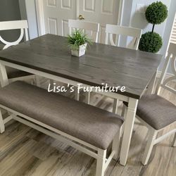 (New) White/Grey Dining Table With Four Matching Chairs And Bench..(Check Out My Profile) $400