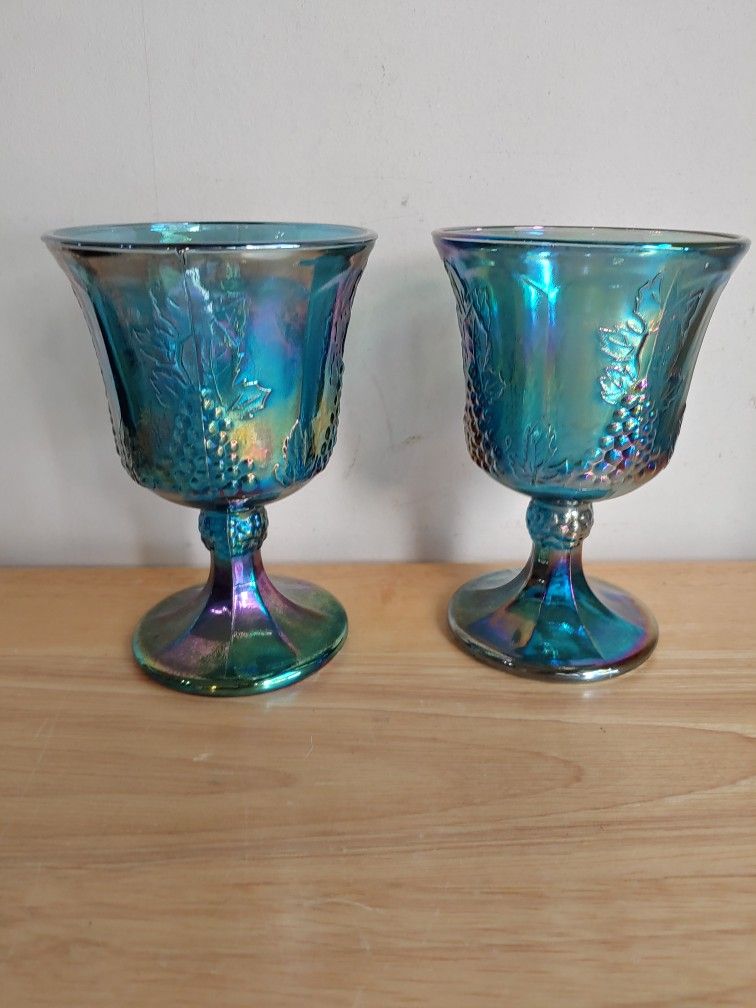 2 Vintage Glasses Carnival Blue Goblets Iridescent Harvest Grape