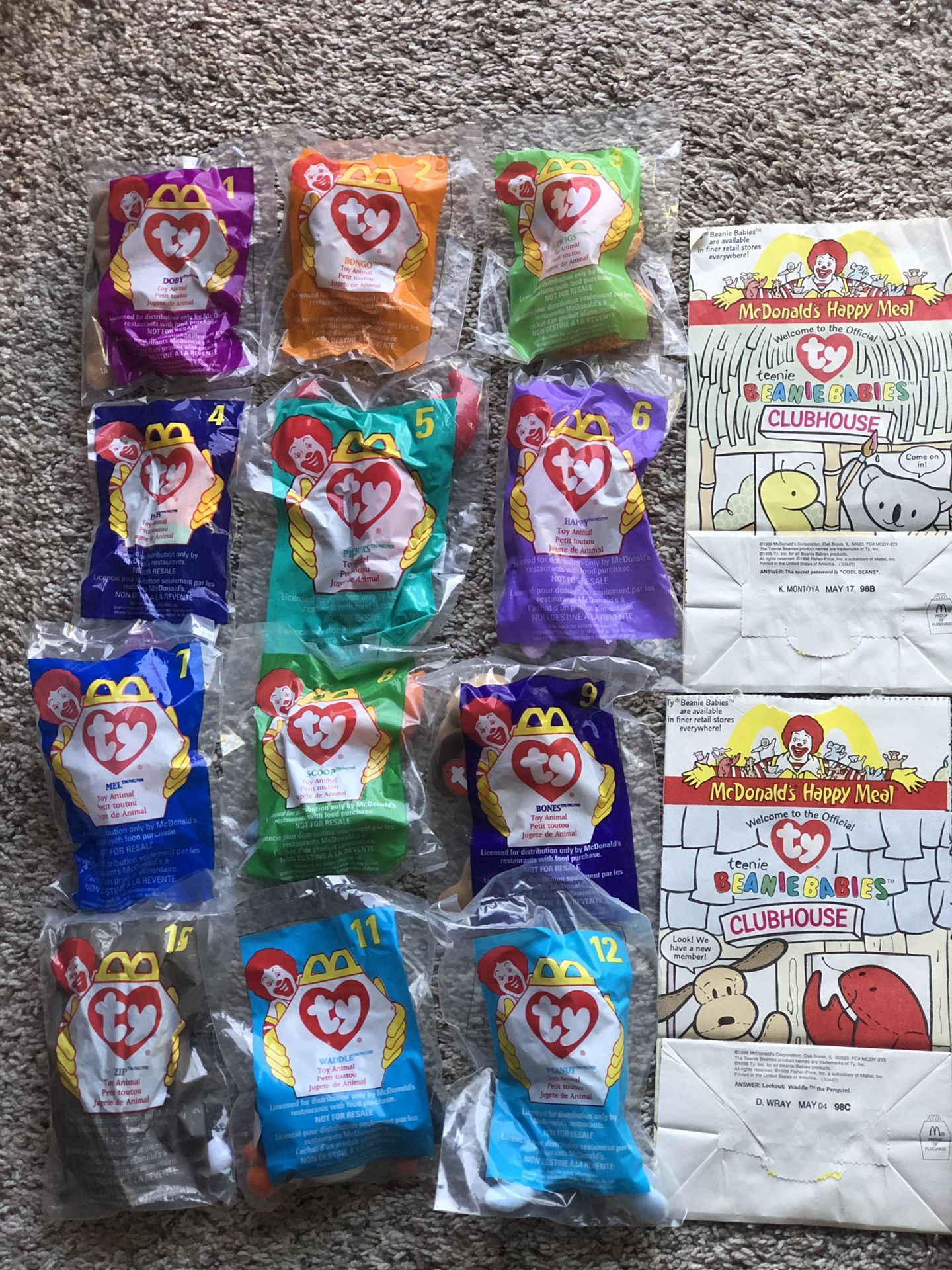 1998 MCDONALDS TY TEENIE BEANIE BABIES - COMPLETE SET 1-12 IN PACKAGES PLUS 2 HAPPY MEAL BAGS- COLLECTIBLE TOYS