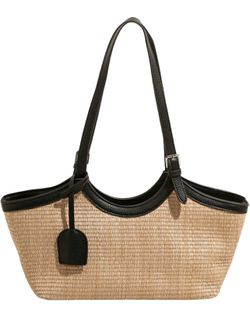 Straw Tote Bag for Women Woven Raffia Shoulder Bag Adjustable Top Handle Summer Beach Handbag for Casual Vacation Travel（black, or brown）