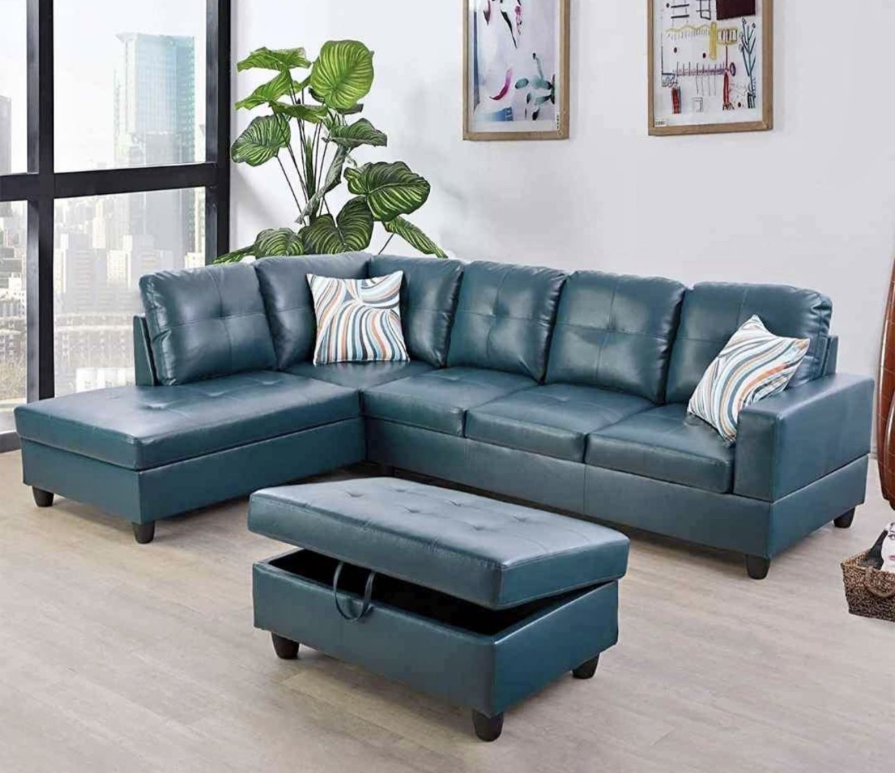 Blue Leather Sectional Couch And Ottoman