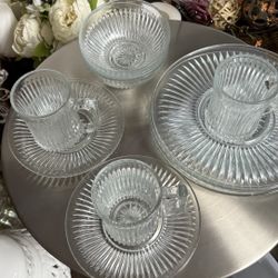 KIG Malaysia Fluted Clear Glass Stars (3) Bowls, (2) Saucers, 3 Cups & 3 Dinner Plates