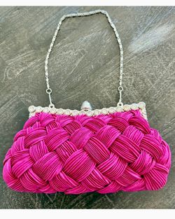 Fuchsia Braided Satin Evening Clutch Bag with Rhinestone Trim