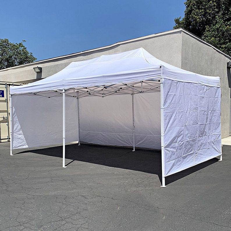 (New in box) $225 Heavy Duty 10x20 FT Canopy (with 4 Sidewalls) Ez Pop Up Outdoor Party Tent w/ Carry Bag (White/Blue)