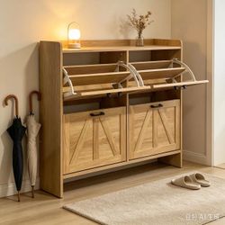 Shoe cabinet with 4 flip drawers, country-style storage (light oak color)