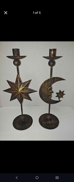 Pair Of Vintage Celestial Metal Candlestick Holders
