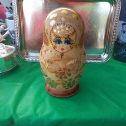 Vintage Russian Matryoshka Wooden Nesting Doll Hand Painted Gold