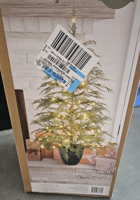 My Texas House Potted 4' Pre-Lit Cypress Artificial Christmas Tree, 100 LED NEW