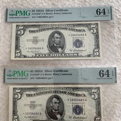 1953 A $5 Dollars Bills START PMG 64 Consecutive 