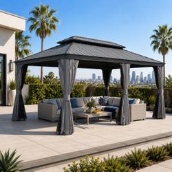 12ā x 18ā Heavy Duty Hardtop Gazebo ā Double Metal Roof, Drainage System, Privacy Curtains & Mosquito Netting