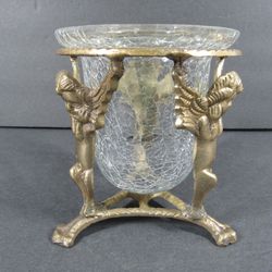 Crackle Glass Candle Holder With Cherub Angels Solid Brass Stand
