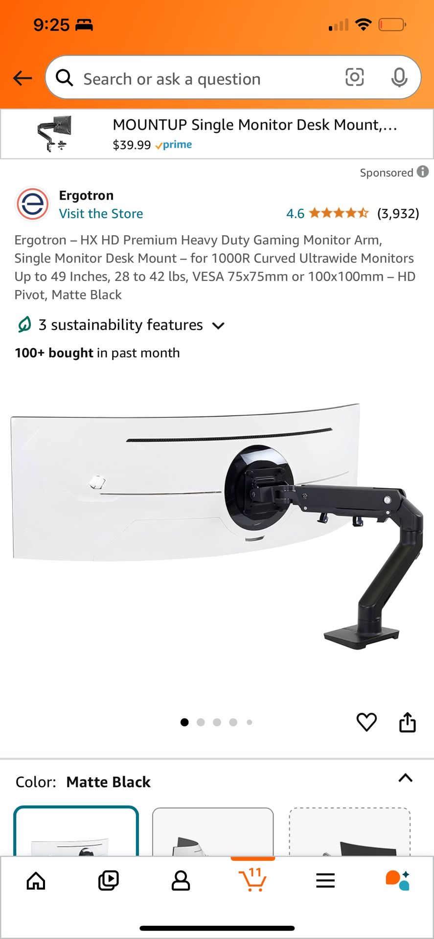 Ergotron Premium Heavy Duty Gaming Monitor Arm, Single Monitor Desk Mount – for 1000R Curved Ultrawide Monitors Up to 49 Inches,