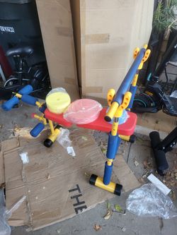 Hey Play Kids Weight Bench Set with Leg Press and Barbell for Ages 3 and Up
