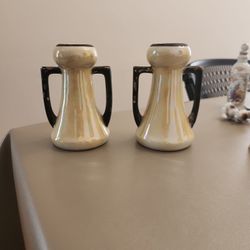 Pair of Vintage 1940’s Czechoslovakia Made Looped Handled Retro Luminous Yellow And Black Lusterware Ceramic Vases 4.5x5.5” Signed