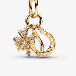 Pandora Lucky Clover Wishbone & Horseshoe Dangle Charm 14k Gold for bracelet